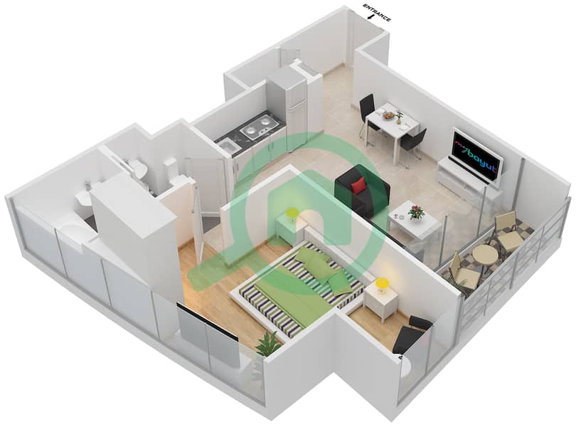 Тауэр Джумейра Гейт 1 - Апартамент 1 Спальня планировка Тип R1D Floor 3-8,11-16,18-41 interactive3D