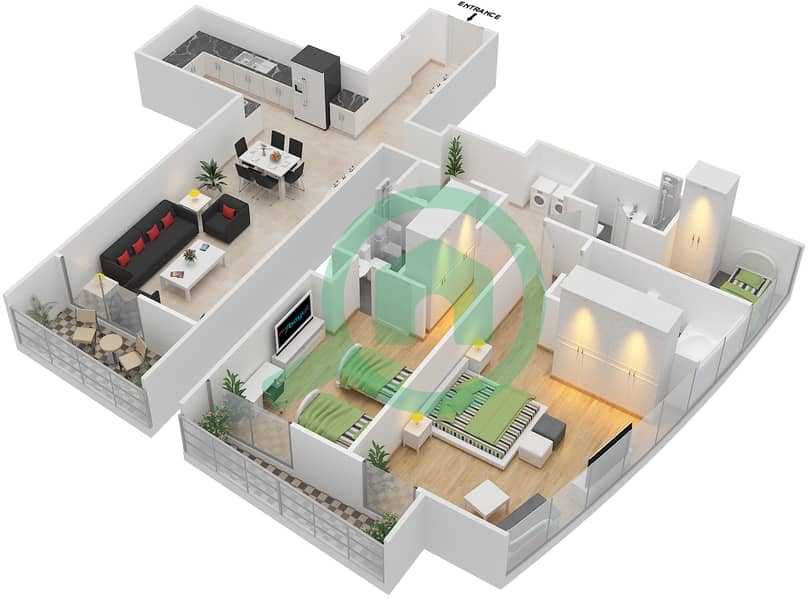 المخططات الطابقية لتصميم النموذج R2A شقة 2 غرفة نوم - برج جميرا جيت 1 Floor 3-8,11-12,63 interactive3D