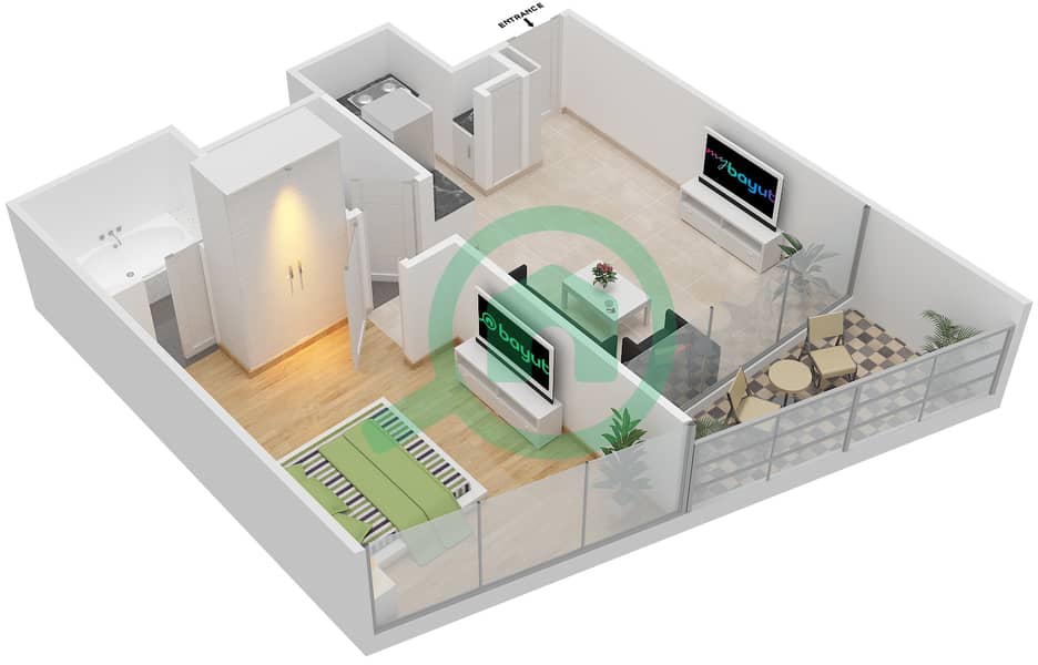 المخططات الطابقية لتصميم النموذج S1A شقة 1 غرفة نوم - برج جميرا جيت 2 Floor 18-41,43-72 interactive3D