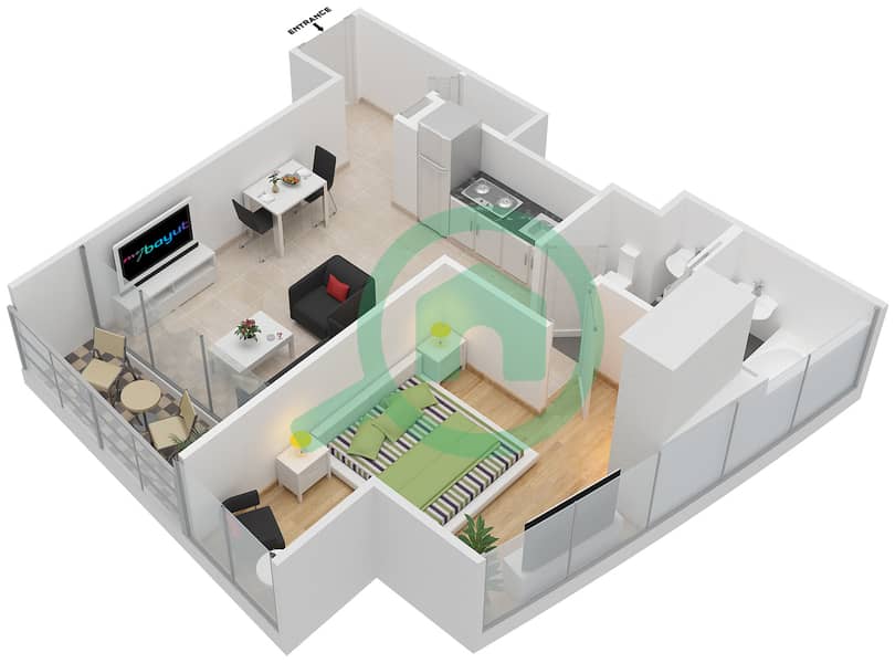 Jumeirah Gate Tower 2 - 1 Bedroom Apartment Type S1D Floor plan interactive3D