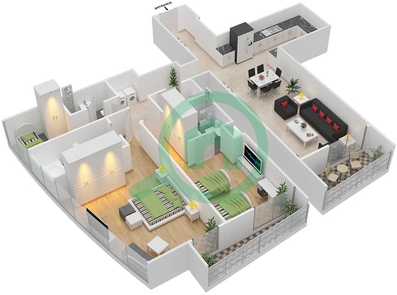 Jumeirah Gate Tower 2 - 2 Bedroom Apartment Type S2A Floor plan interactive3D