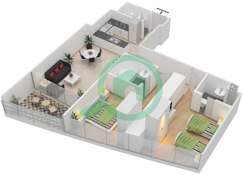 朱美拉门户2号大厦 - 2 卧室公寓类型S2C戶型图 interactive3D