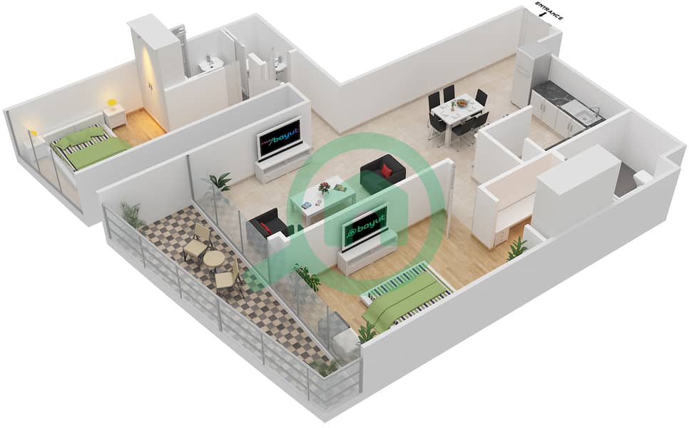 المخططات الطابقية لتصميم النموذج S2E شقة 2 غرفة نوم - برج جميرا جيت 2 Floor 18-41,43-67 interactive3D