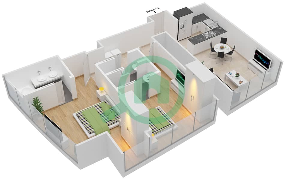 المخططات الطابقية لتصميم النموذج R2G شقة 2 غرفة نوم - برج جميرا جيت 1 Floor 43-62 interactive3D