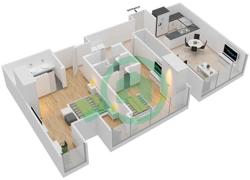 المخططات الطابقية لتصميم النموذج R2H شقة 2 غرفة نوم - برج جميرا جيت 1 Floor 64-72 interactive3D