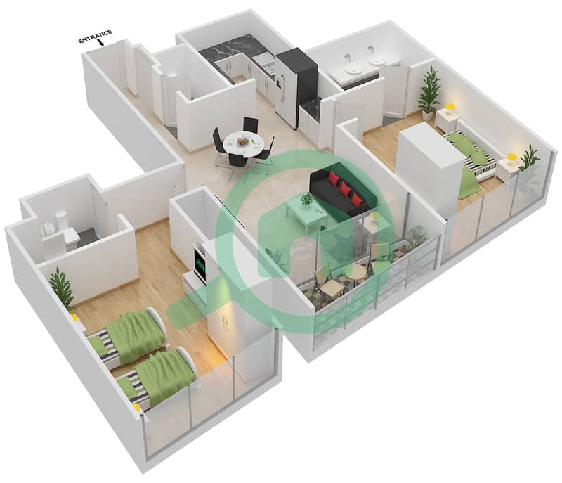 Jumeirah Gate Tower 1 - 2 Bedroom Apartment Type R2F Floor plan Floor 43-72 interactive3D