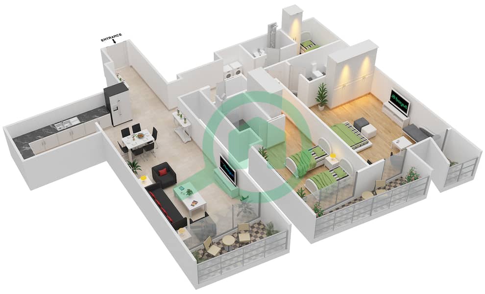 المخططات الطابقية لتصميم النموذج R2D شقة 2 غرفة نوم - برج جميرا جيت 1 Floor 9-10 interactive3D