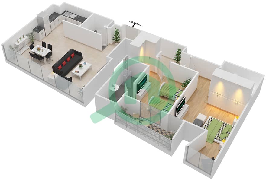 المخططات الطابقية لتصميم النموذج S2L شقة 2 غرفة نوم - برج جميرا جيت 2 Floor 64-72 interactive3D