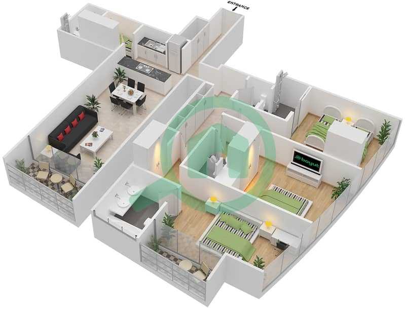 المخططات الطابقية لتصميم النموذج R3B شقة 3 غرف نوم - برج جميرا جيت 1 Floor 3-16 interactive3D