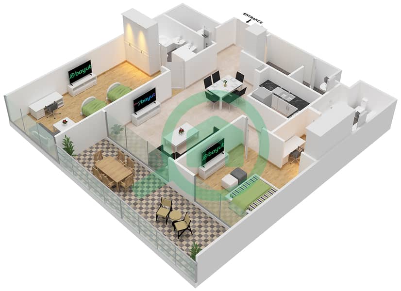 Тауэр Джумейра Гейт 2 - Апартамент 2 Cпальни планировка Тип S2K Floor 64-72 interactive3D