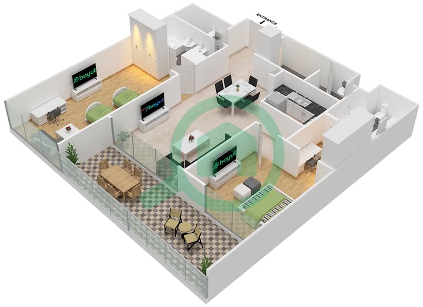 المخططات الطابقية لتصميم النموذج S2K شقة 2 غرفة نوم - برج جميرا جيت 2 Floor 64-72 interactive3D