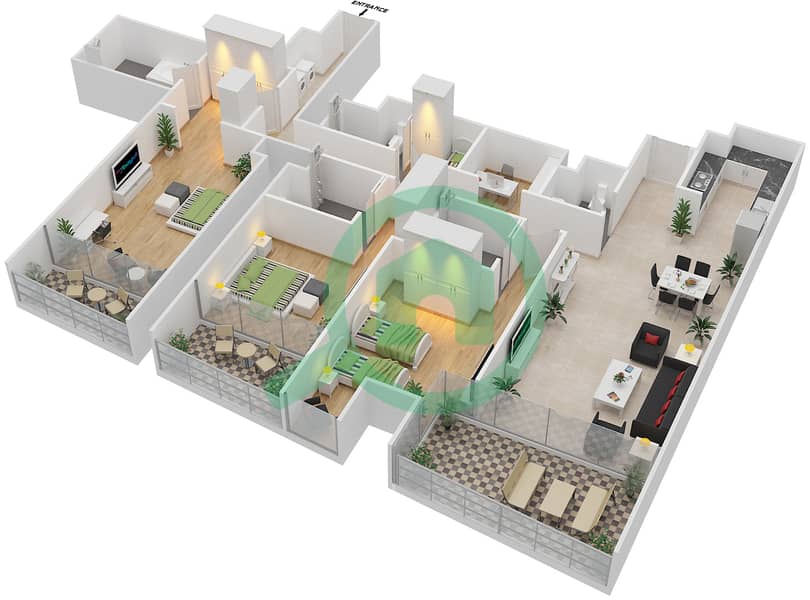 المخططات الطابقية لتصميم النموذج R3C شقة 3 غرف نوم - برج جميرا جيت 1 Floor 64-67 interactive3D