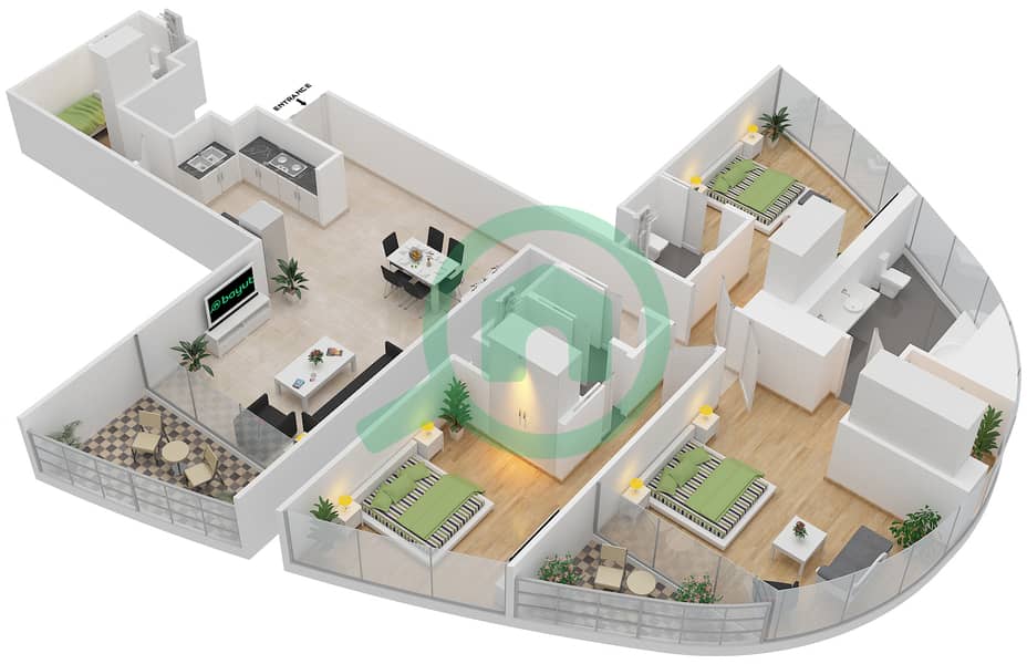 Тауэр Джумейра Гейт 2 - Апартамент 3 Cпальни планировка Тип S3A Floor 18-41,43-72 interactive3D