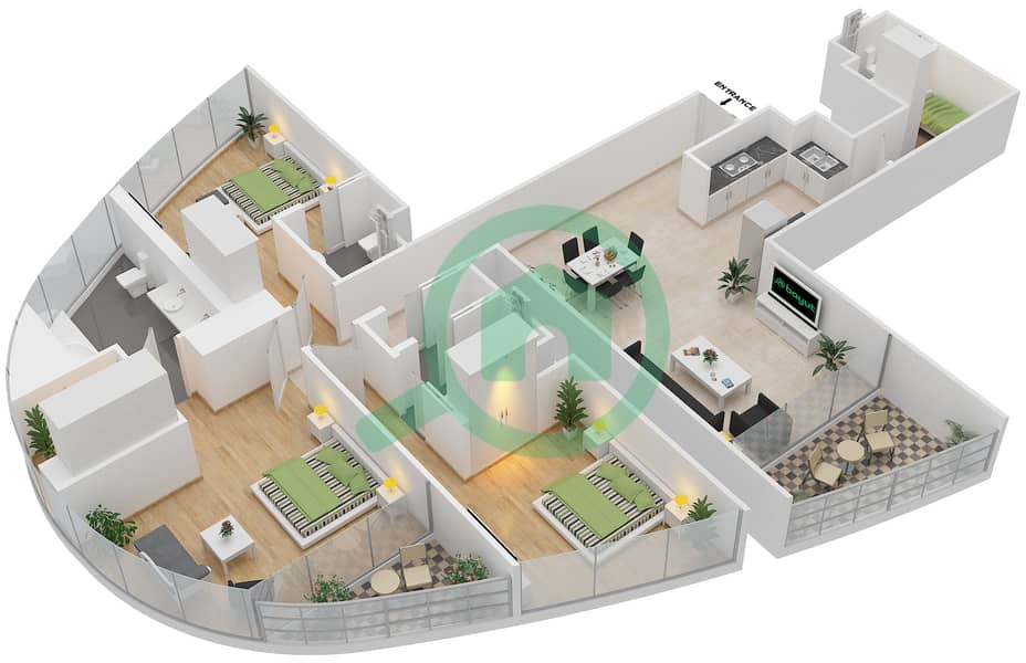 المخططات الطابقية لتصميم النموذج R3A شقة 3 غرف نوم - برج جميرا جيت 1 Floor 3-16,18-41 interactive3D