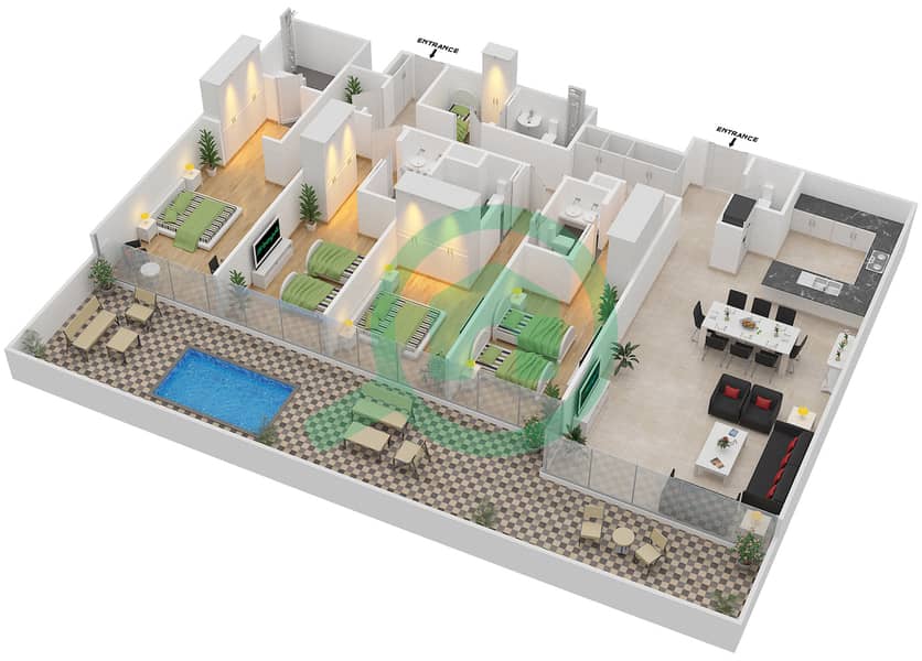 المخططات الطابقية لتصميم النموذج S4B شقة 4 غرف نوم - برج جميرا جيت 2 Floor 64-67 interactive3D
