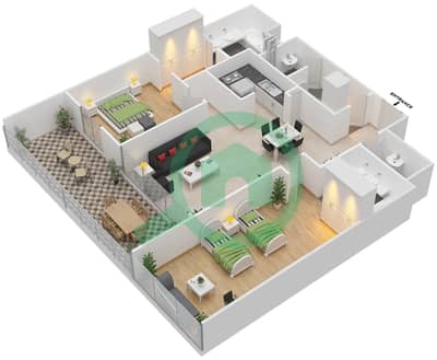 المخططات الطابقية لتصميم النموذج S2J شقة 2 غرفة نوم - برج جميرا جيت 2