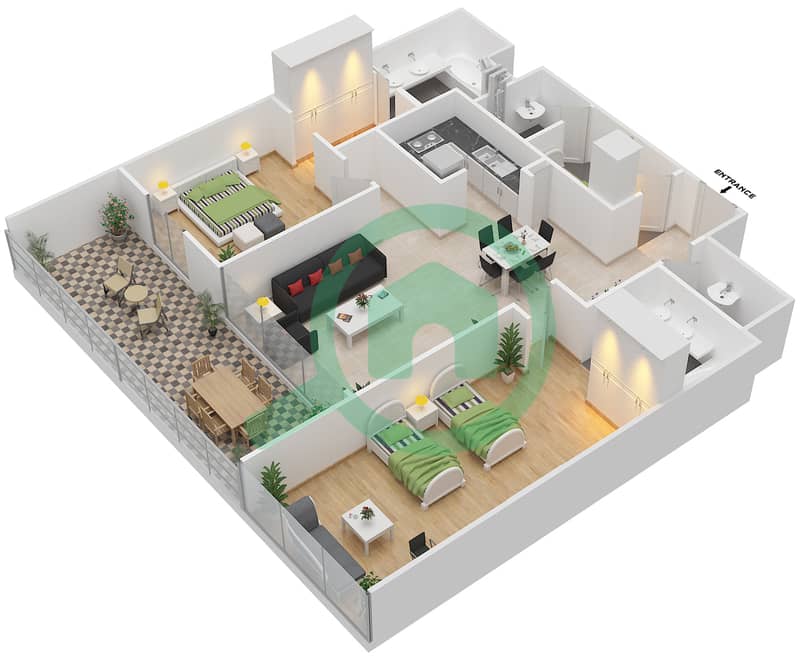المخططات الطابقية لتصميم النموذج S2J شقة 2 غرفة نوم - برج جميرا جيت 2 Floor 64-6 interactive3D