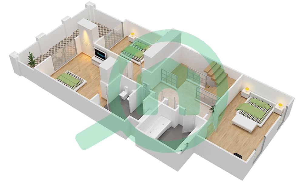 المخططات الطابقية لتصميم النموذج 3 تاون هاوس 3 غرف نوم - فلل الهمبرا First Floor interactive3D
