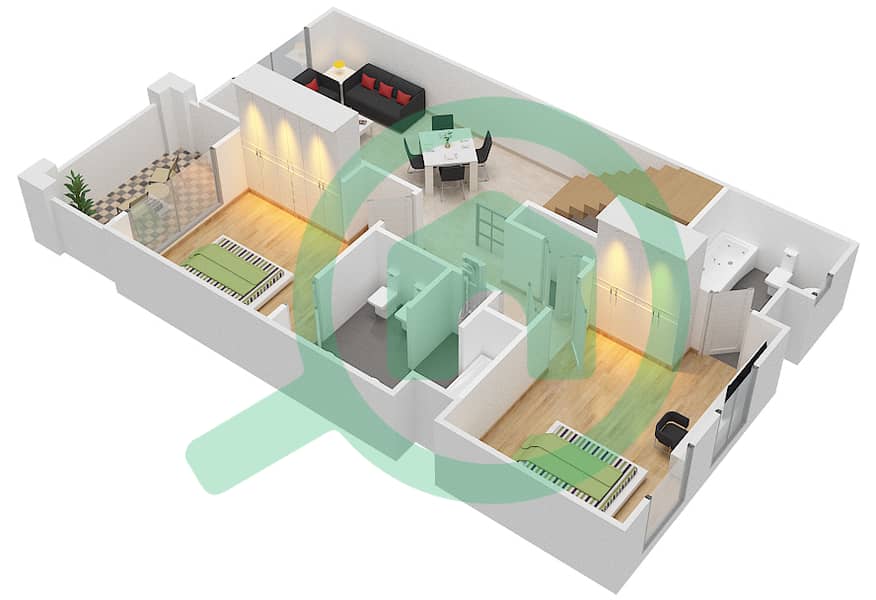 المخططات الطابقية لتصميم النموذج 5 تاون هاوس 3 غرف نوم - فلل الهمبرا First Floor interactive3D