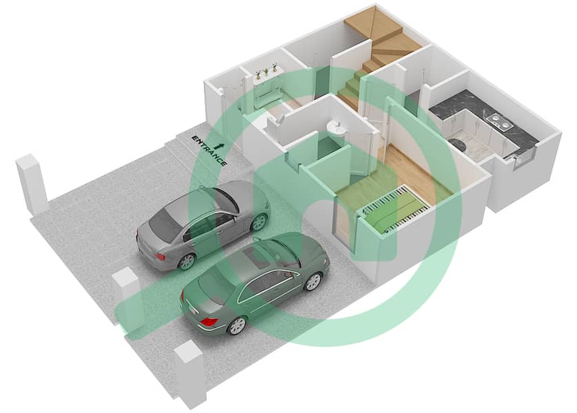 المخططات الطابقية لتصميم النموذج 6 تاون هاوس 3 غرف نوم - فلل الهمبرا Ground Floor interactive3D