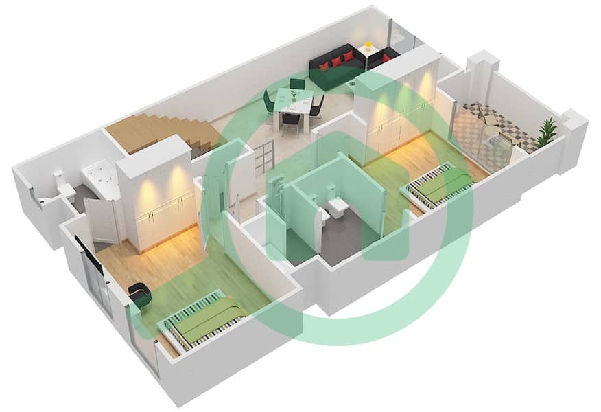Al Hambra Villas - 3 Bedroom Townhouse Type 6 Floor plan First Floor interactive3D