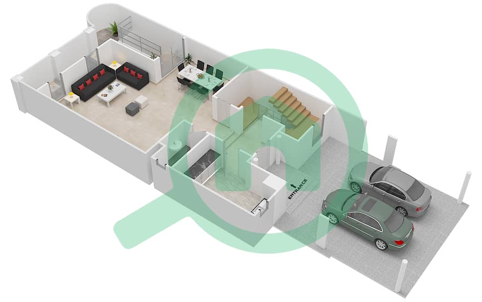 المخططات الطابقية لتصميم النموذج 8 تاون هاوس 3 غرف نوم - فلل الهمبرا Ground Floor interactive3D