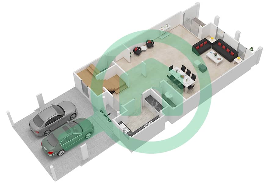 Al Hambra Villas - 3 Bedroom Townhouse Type 9 Floor plan Ground Floor interactive3D