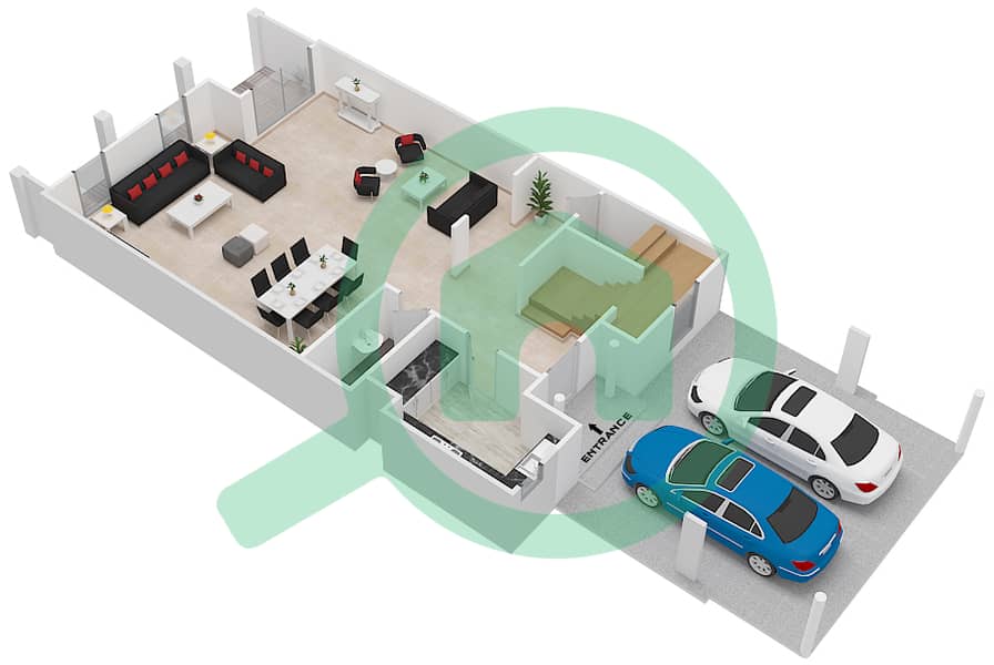 المخططات الطابقية لتصميم النموذج 10 تاون هاوس 3 غرف نوم - فلل الهمبرا Ground Floor interactive3D