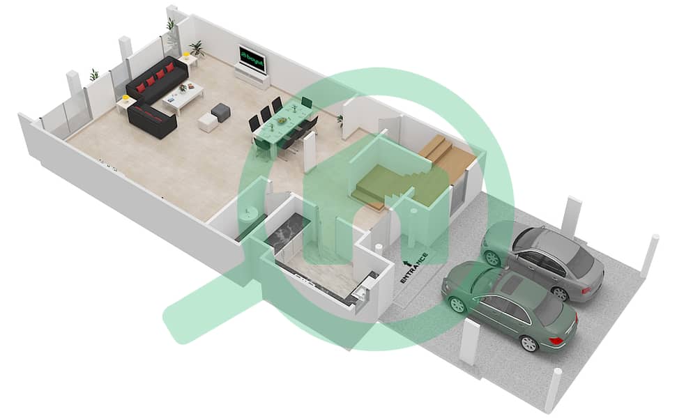 المخططات الطابقية لتصميم النموذج 11 تاون هاوس 3 غرف نوم - فلل الهمبرا Ground Floor interactive3D