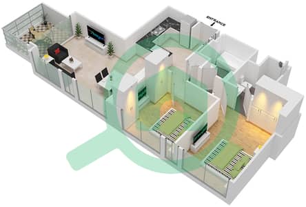 المخططات الطابقية لتصميم النموذج / الوحدة A/ 3 شقة 2 غرفة نوم - برج رويال