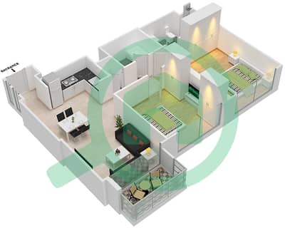 المخططات الطابقية لتصميم النموذج / الوحدة B1/ 1 شقة 2 غرفة نوم - برج رويال