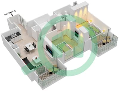 المخططات الطابقية لتصميم النموذج / الوحدة E/ 13 شقة 2 غرفة نوم - برج رويال