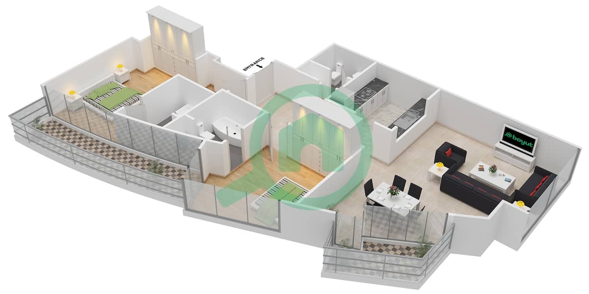 المخططات الطابقية لتصميم التصميم 4 FLOOR 30 شقة 2 غرفة نوم - ذا لوفتس إيست interactive3D