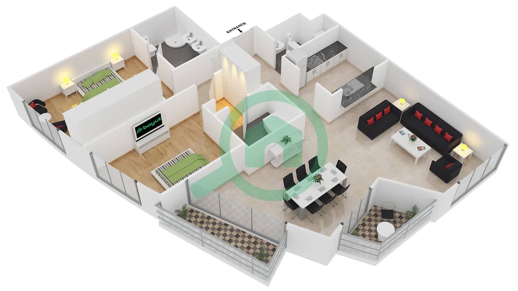 المخططات الطابقية لتصميم التصميم 2 FLOOR 1-29 شقة 2 غرفة نوم - ذا لوفتس إيست interactive3D