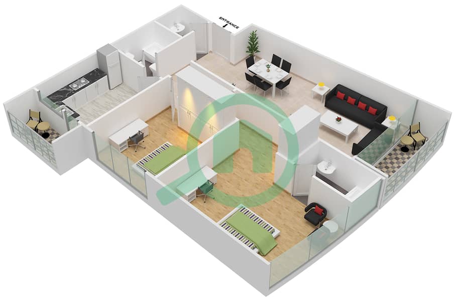 努乔姆塔 - 2 卧室公寓单位14 TYPICAL FLOOR戶型图 Typical Floor interactive3D