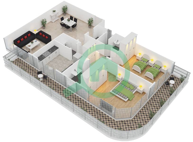 المخططات الطابقية لتصميم النموذج 1 شقة 2 غرفة نوم - غایا ریزیدنس interactive3D