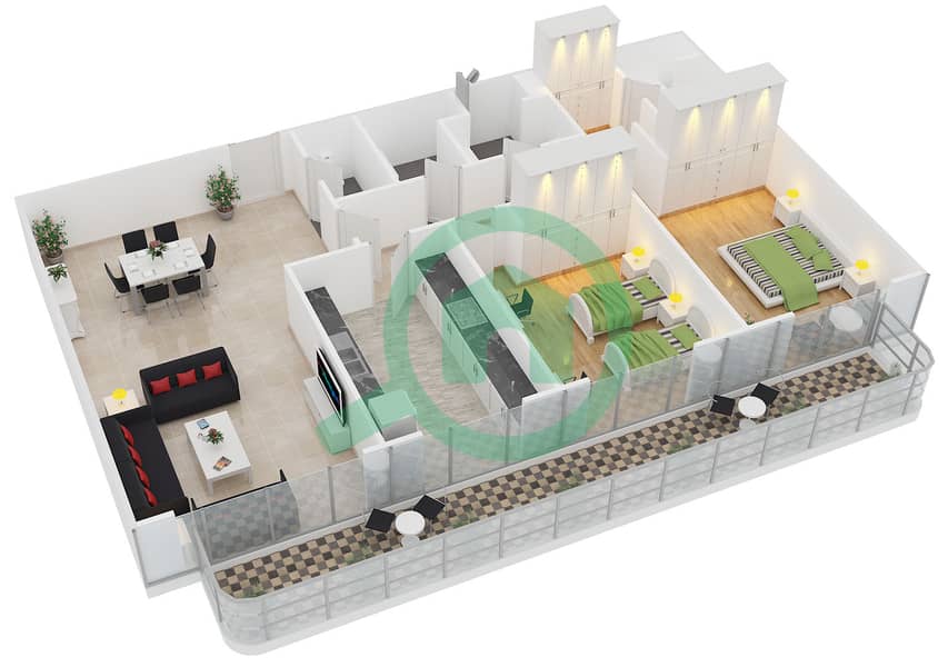 加亚公寓 - 2 卧室公寓类型2戶型图 interactive3D