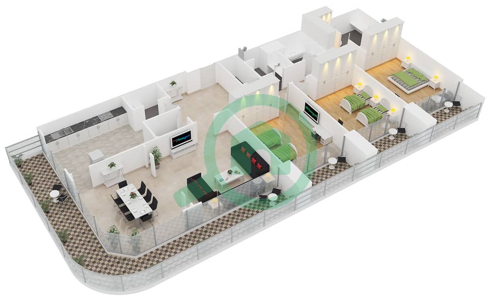 المخططات الطابقية لتصميم النموذج 3 شقة 3 غرف نوم - غایا ریزیدنس interactive3D