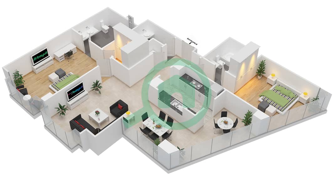 المخططات الطابقية لتصميم التصميم 02 FLOOR 2 شقة 2 غرفة نوم - أبراج ساوث ريدج 4 interactive3D