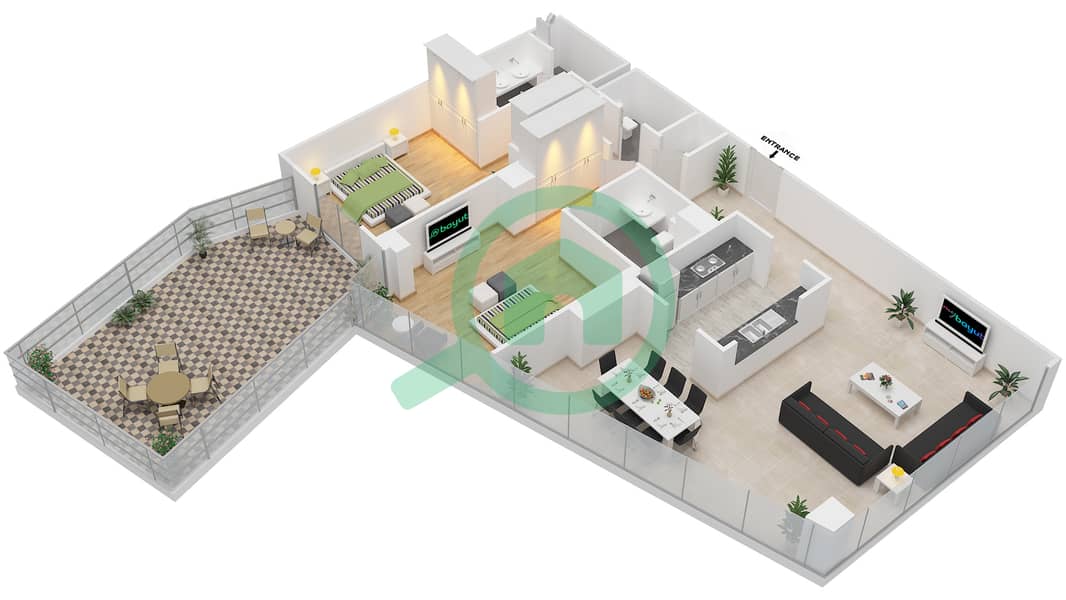 南岭4号大厦 - 2 卧室公寓套房01 FLOOR 2戶型图 interactive3D