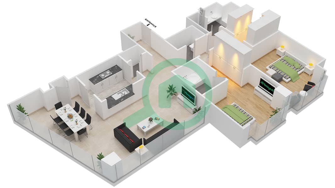 المخططات الطابقية لتصميم التصميم 01 FLOOR 1 شقة 2 غرفة نوم - أبراج ساوث ريدج 4 interactive3D