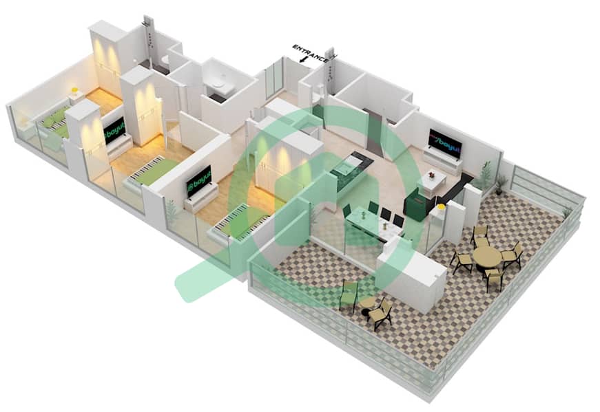 المخططات الطابقية لتصميم النموذج / الوحدة C/5 شقة 3 غرف نوم - برج رويال interactive3D