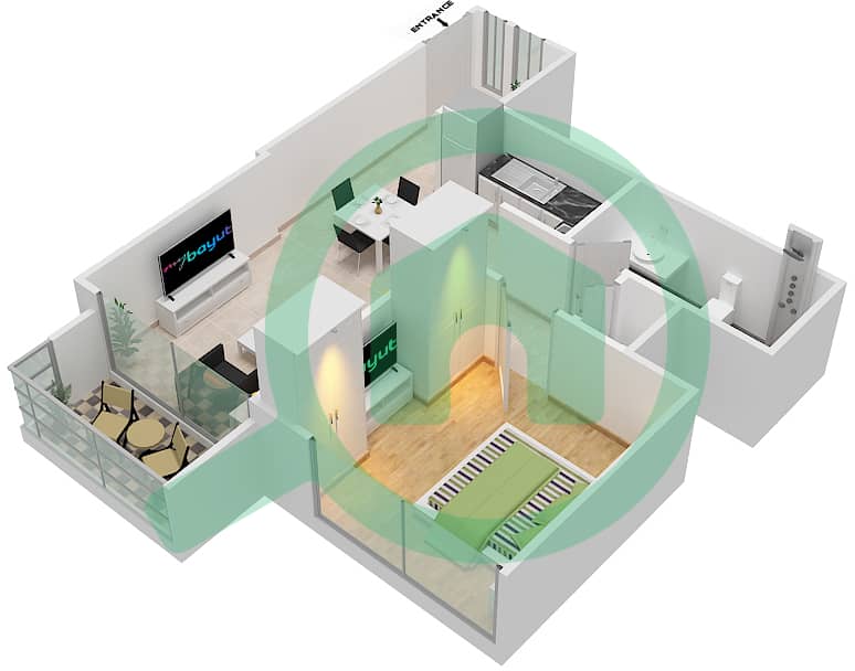 المخططات الطابقية لتصميم النموذج / الوحدة A1/ 4 شقة 1 غرفة نوم - برج رويال interactive3D