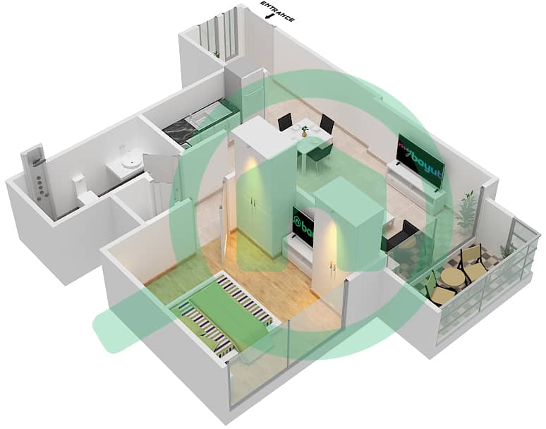 المخططات الطابقية لتصميم النموذج / الوحدة A1/ 10 شقة 1 غرفة نوم - برج رويال interactive3D