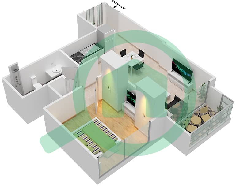 المخططات الطابقية لتصميم النموذج / الوحدة A1/ 9 شقة 1 غرفة نوم - برج رويال interactive3D