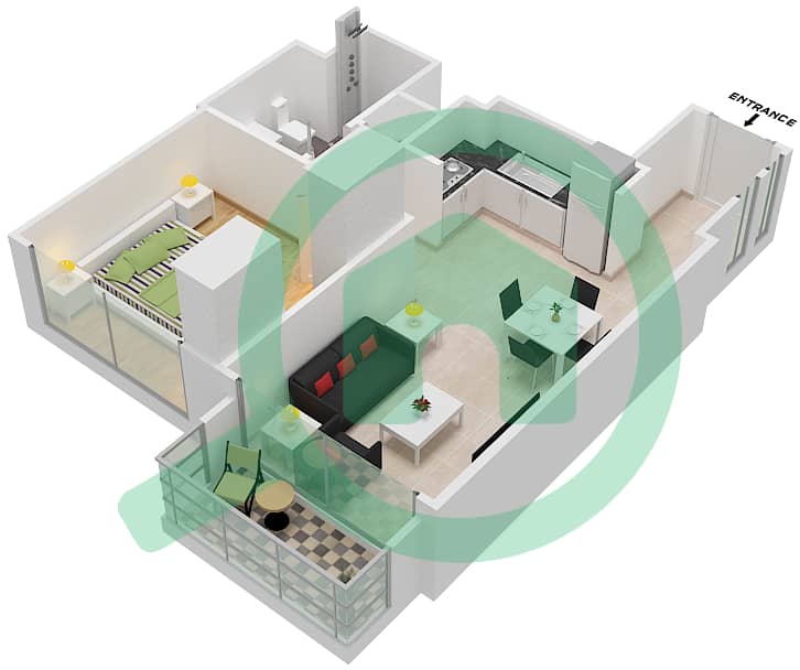 المخططات الطابقية لتصميم النموذج / الوحدة A2/ 6 شقة 1 غرفة نوم - برج رويال interactive3D