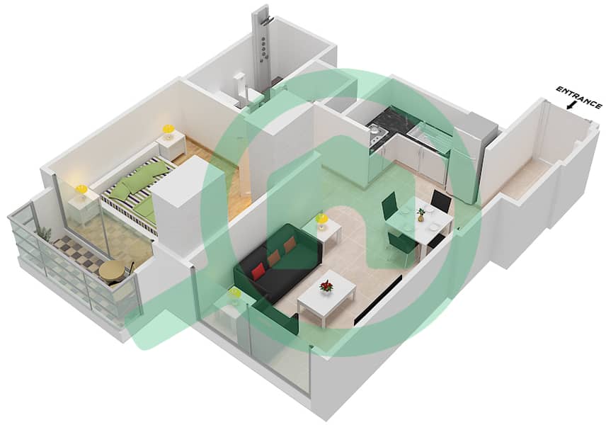 المخططات الطابقية لتصميم النموذج / الوحدة B1/ 8 شقة 1 غرفة نوم - برج رويال interactive3D