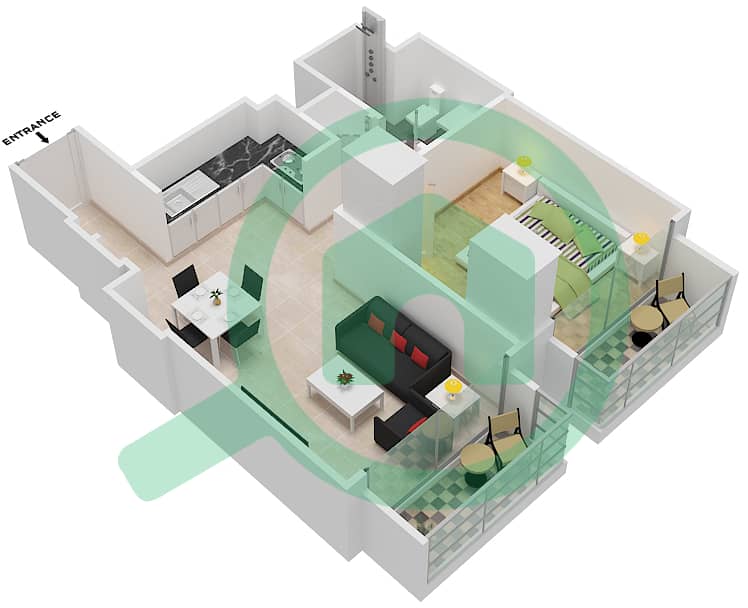 المخططات الطابقية لتصميم النموذج / الوحدة B2/7 شقة 1 غرفة نوم - برج رويال interactive3D