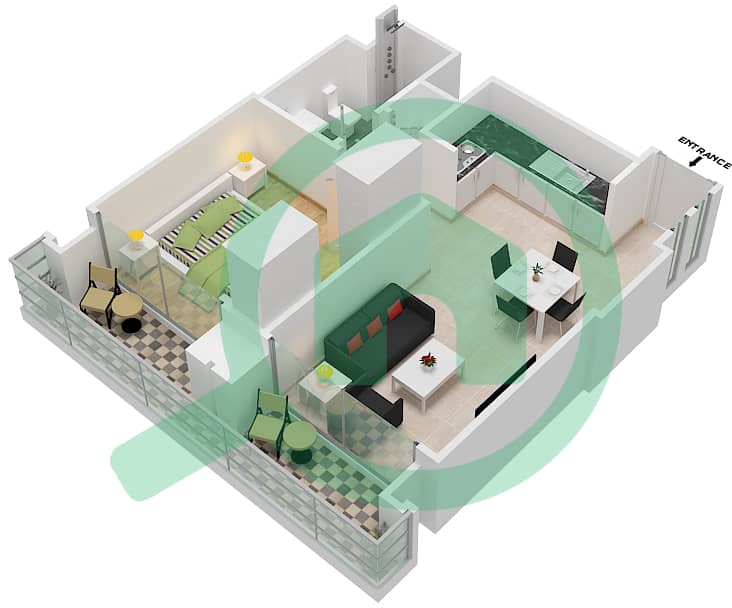 المخططات الطابقية لتصميم النموذج / الوحدة B3/ 5 شقة 1 غرفة نوم - برج رويال interactive3D