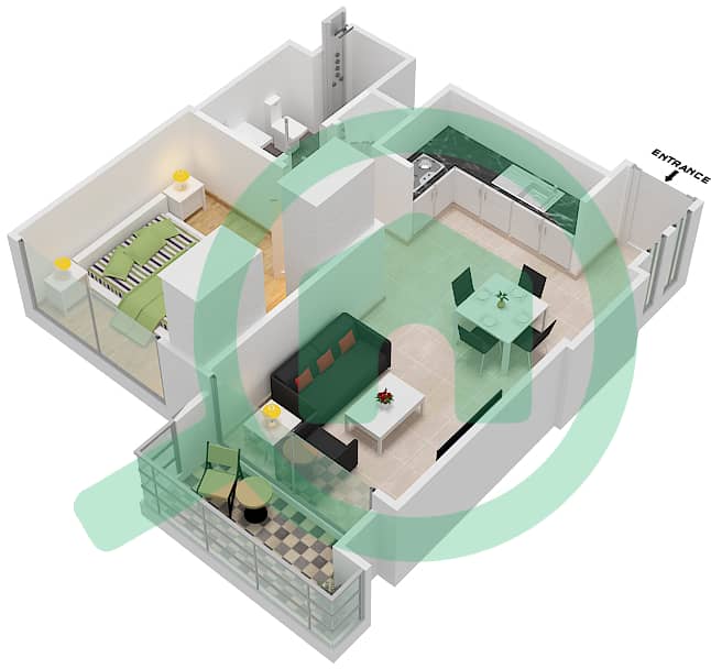 المخططات الطابقية لتصميم النموذج / الوحدة B3/05 شقة 1 غرفة نوم - برج رويال interactive3D